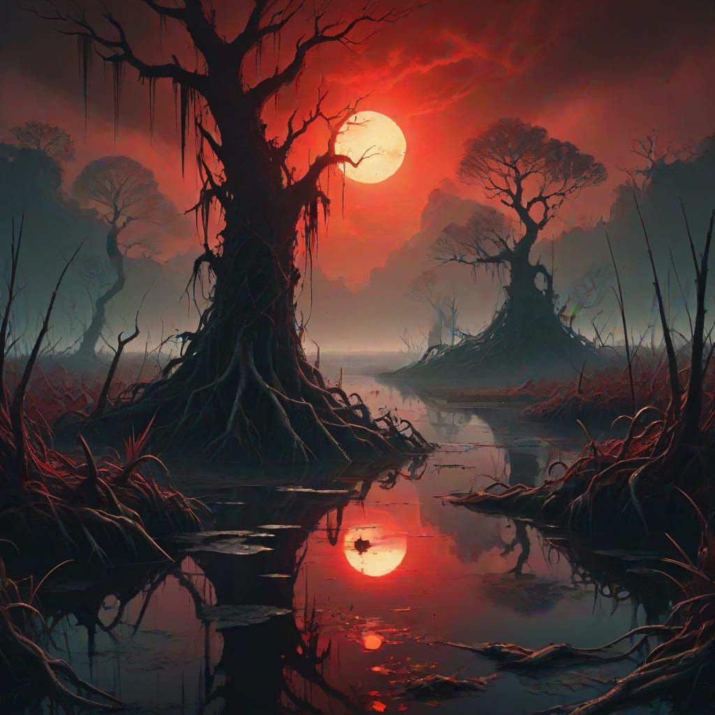 Eerie Swamp Landscape in Crimson Glow
