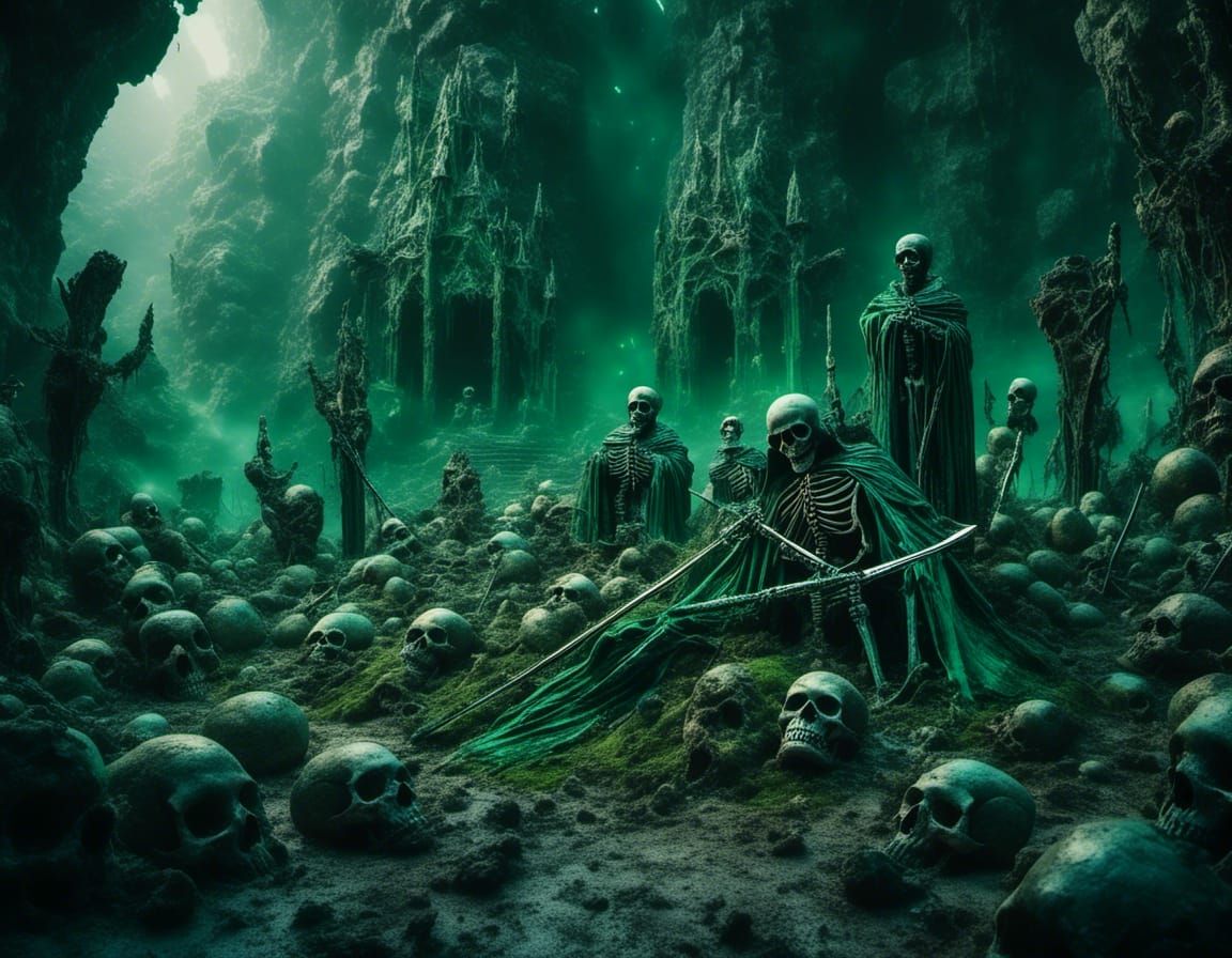 Eerie Skeleton Kings Rising: Hyperrealistic Fantasy Art