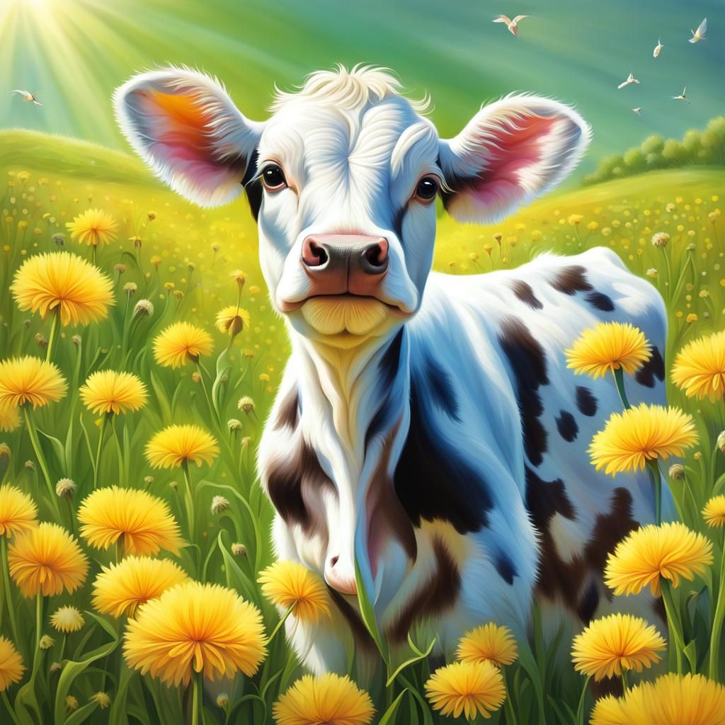 Cute Baby Cow in Dandelion Field: Airbrush Art