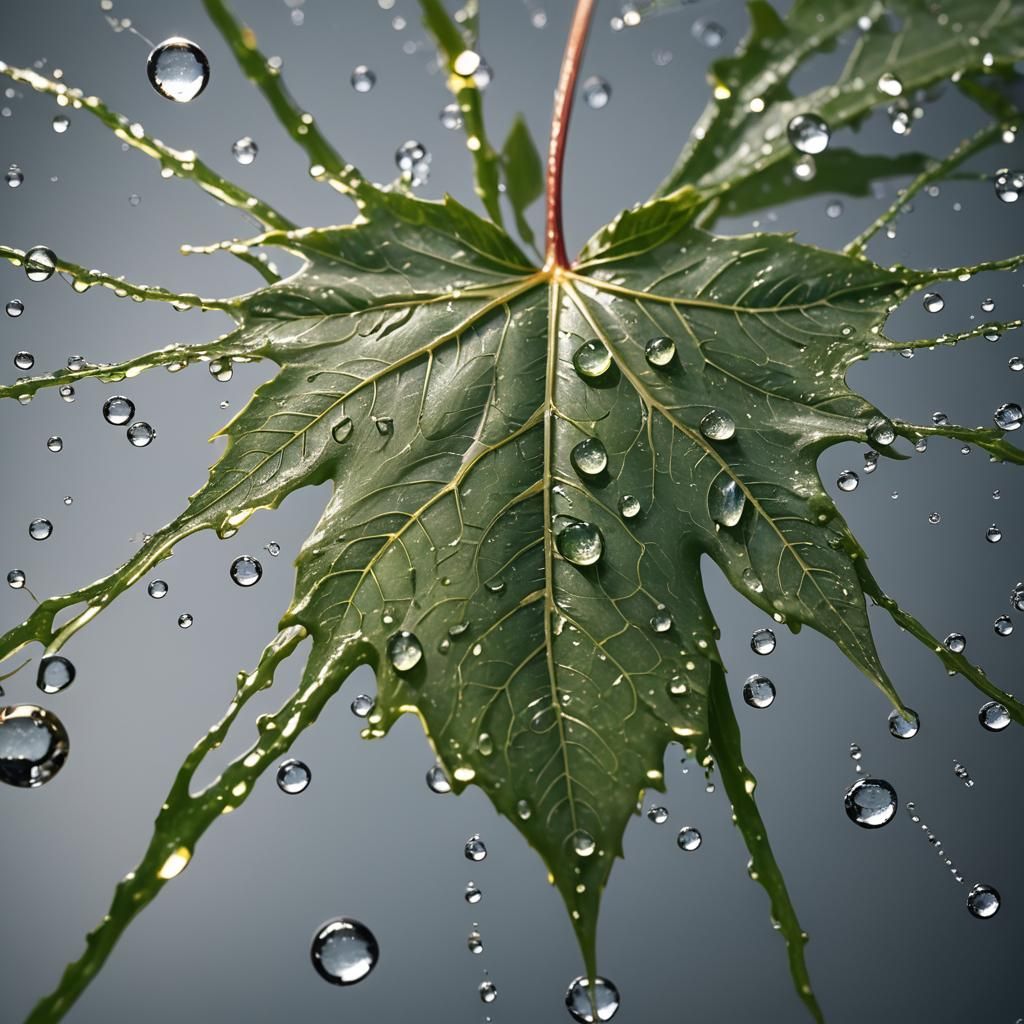 Hyperrealistic Leaf with Dripping Water: Macro Photography