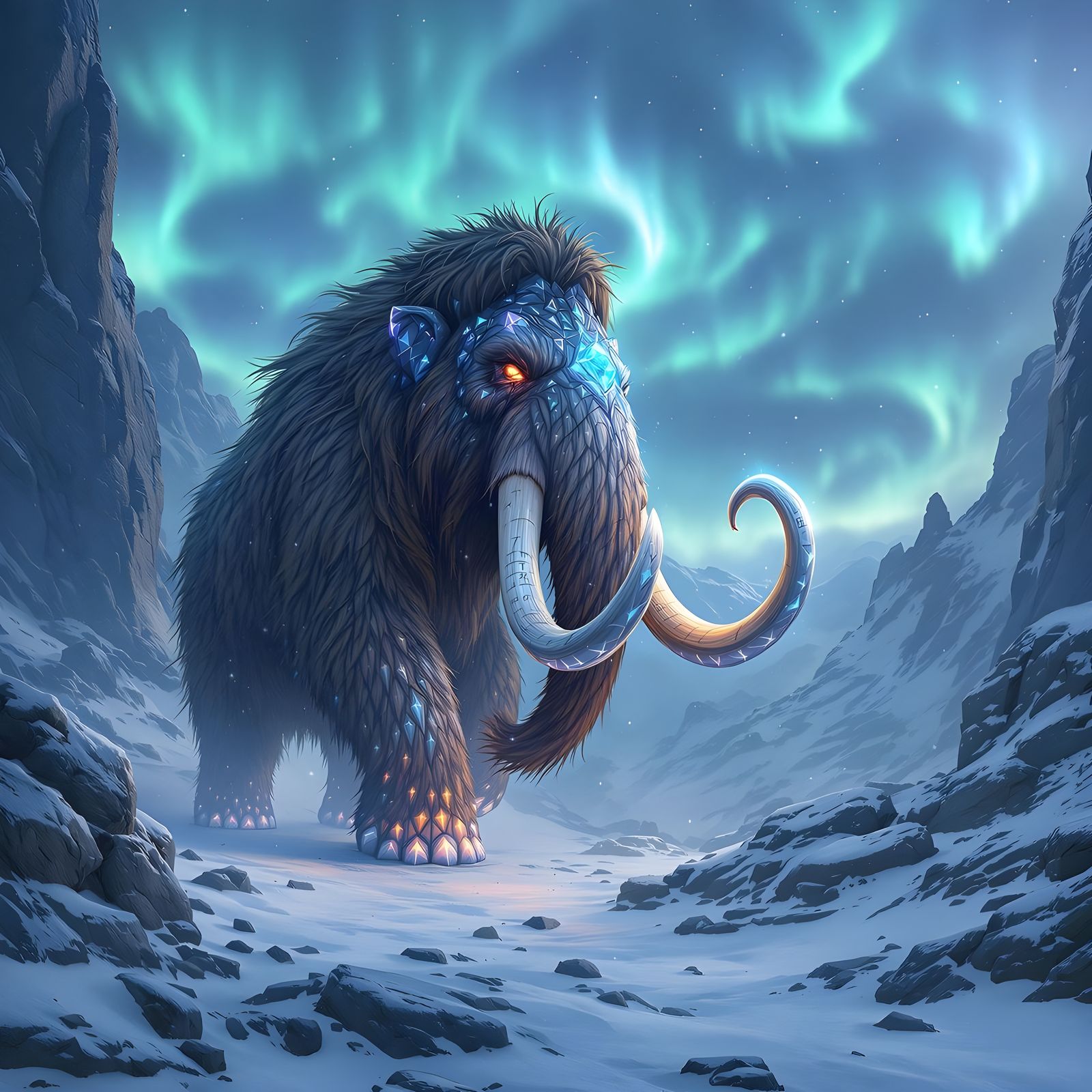 Majestic Mammoth with Crystalline Tusks in Snowy Valley