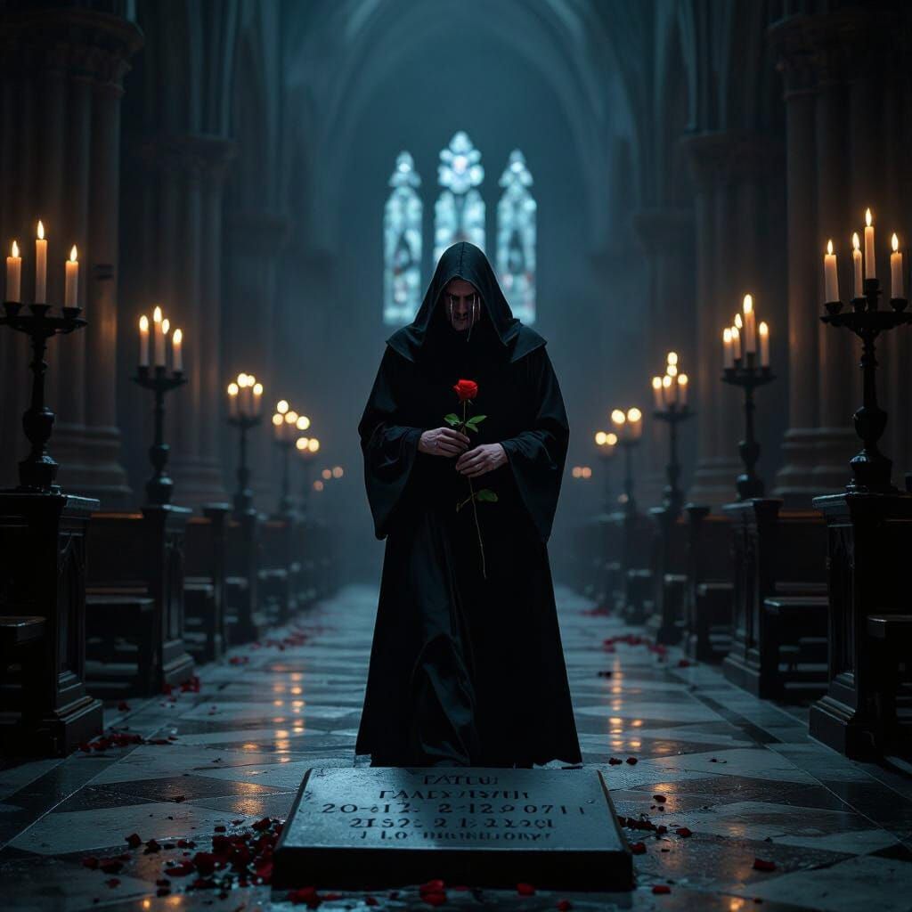 Mournful Monk with Rose in Shadowed Cathedral
