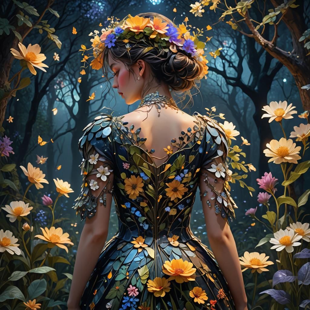 Woman in Floral Dress in Moonlit Forest