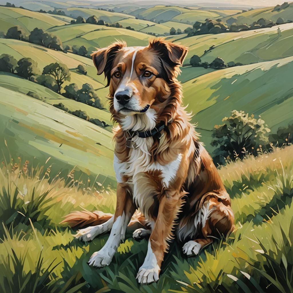 Dog Portrait on Green Hill as Oil Painting