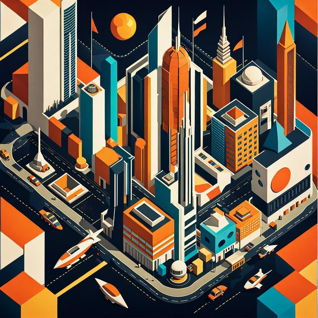 Futuristic Suprematist Cityscape in Art Deco Style