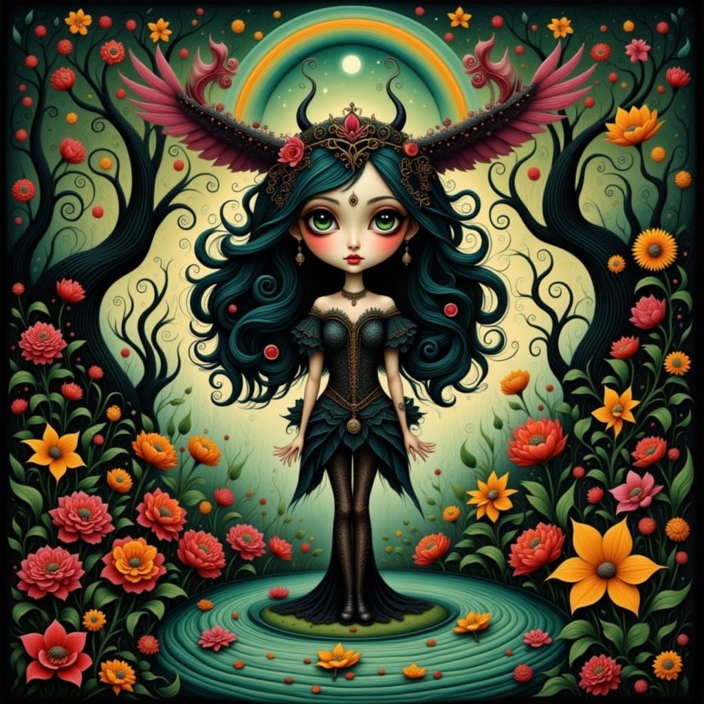 Surreal Whimsical Love Scene in Woodcut Style