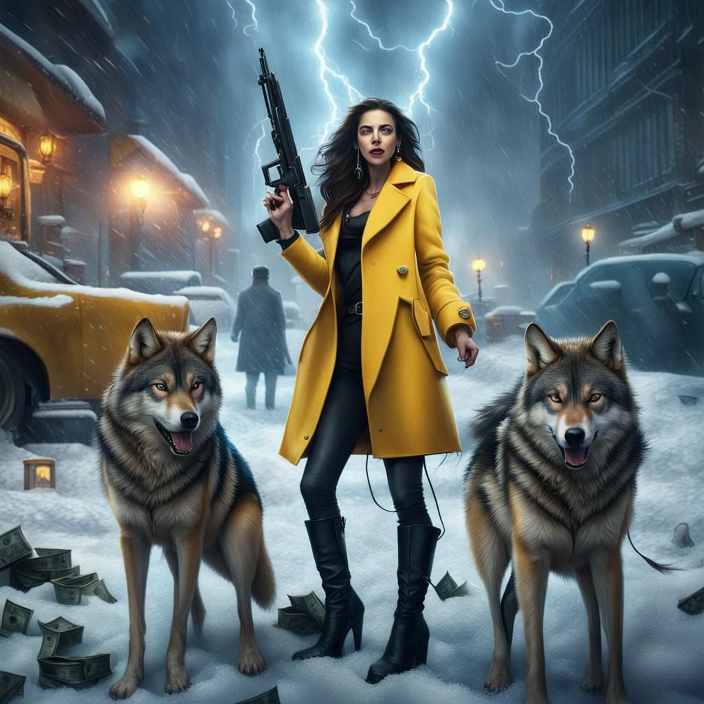 Female Gangster in Snowy Cityscape: Digital Matte Painting
