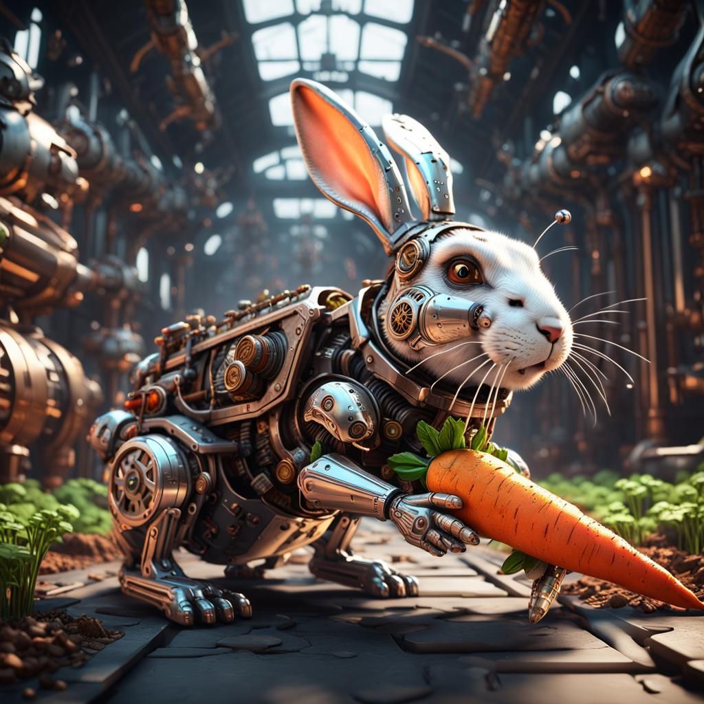 Cyborg Rabbit Eating Steampunk Carrot in Sci-Fi Style