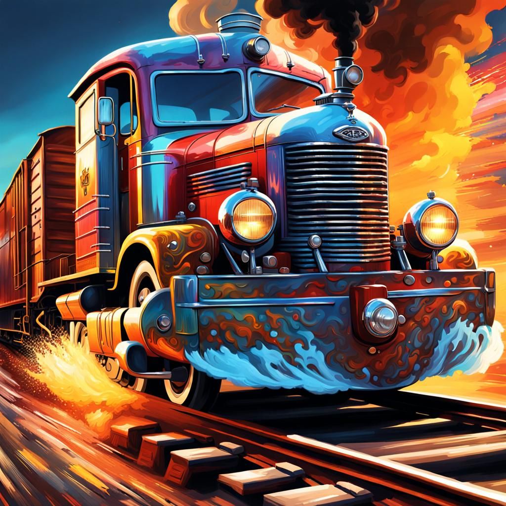 Hyperrealistic Runaway Hotrod Train Concept Art
