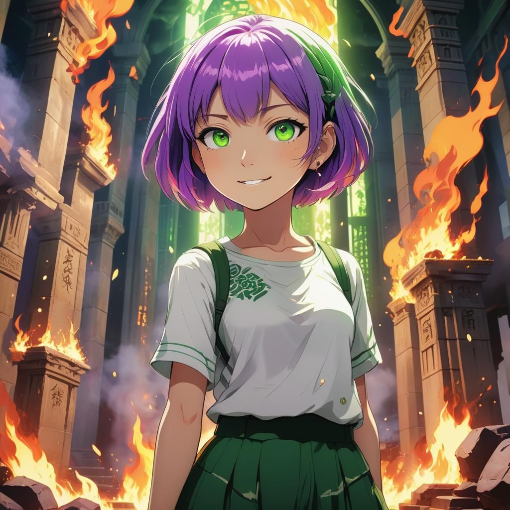 Anime Girl in Burning Temple, Cel-Shaded Style