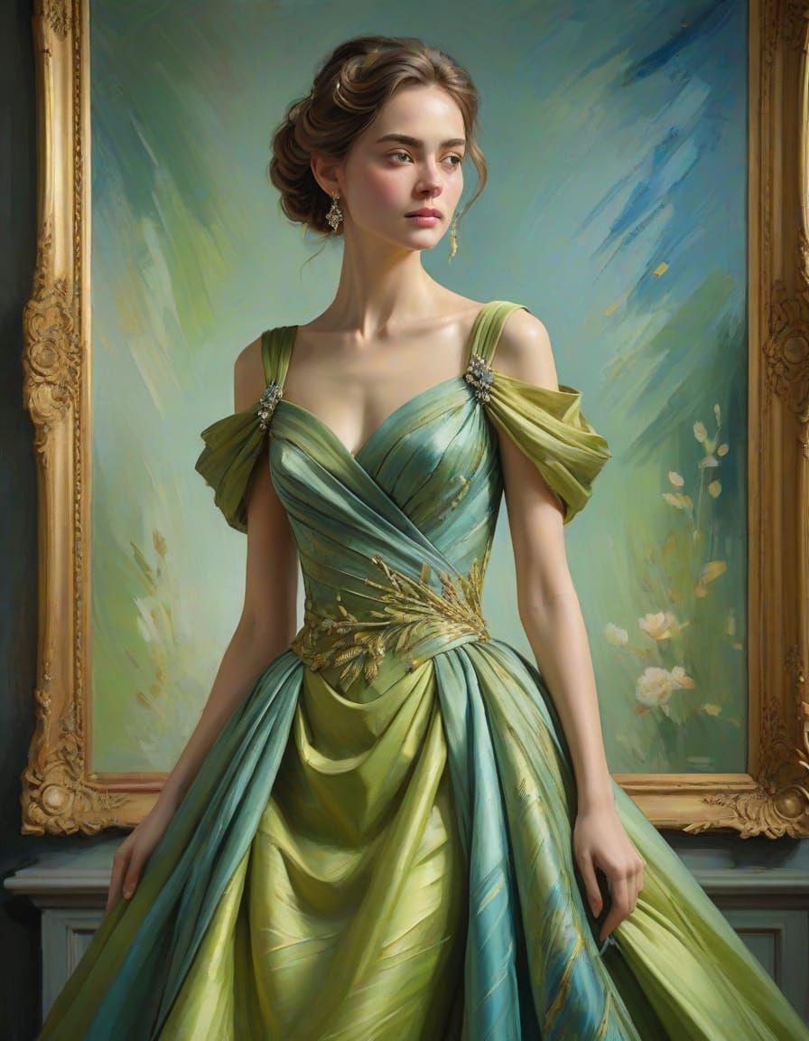 Regal Asparagus Gown in Oil Painting Style