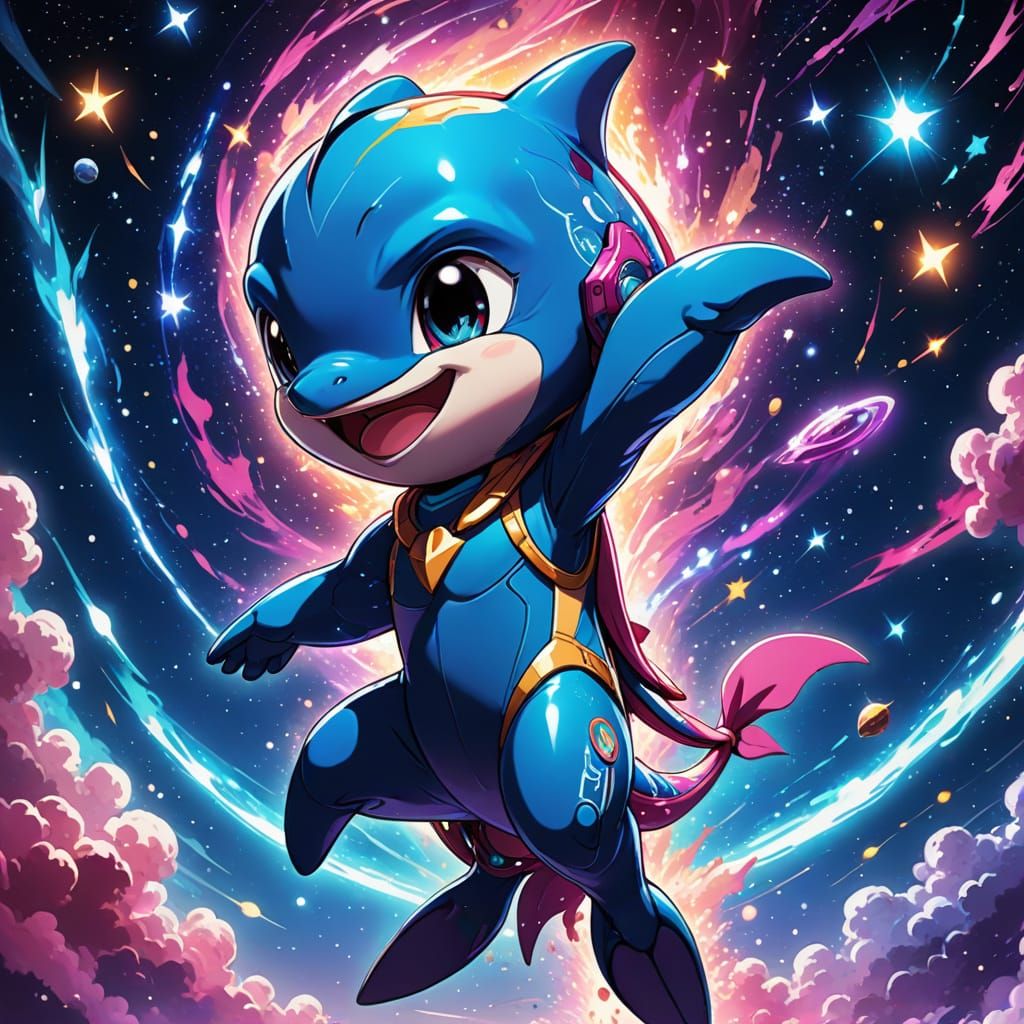Cosmic Chibi Star Dolphin in Vibrant Anime Style