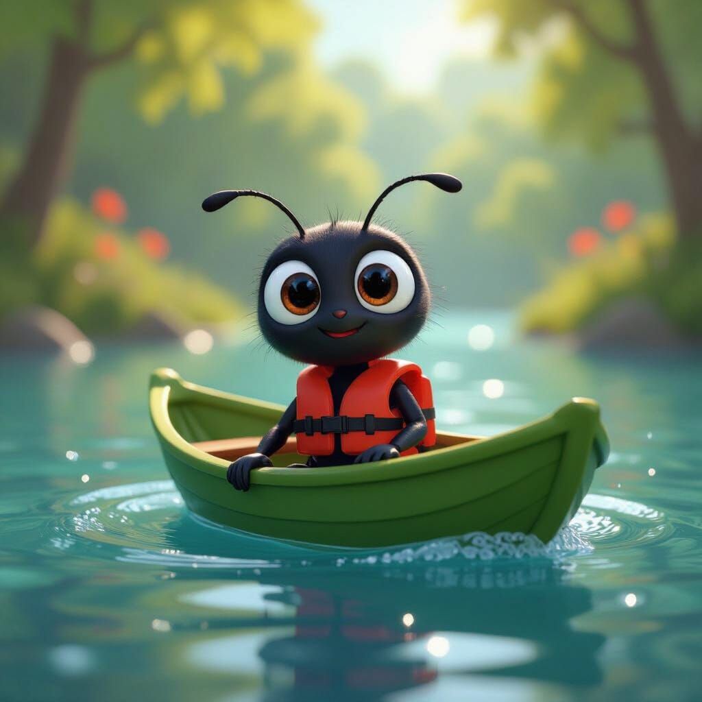 Cute Ant on Leaf Boat in HD Cartoon Style