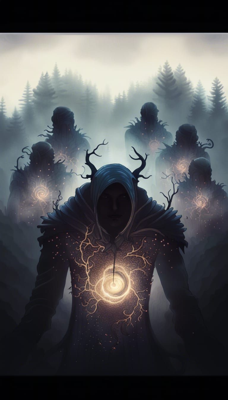 Mystic Forest Scene with Dark Magic and Figures