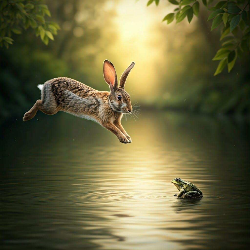 Rabbit and Frog Leap by Pond in Photo-Realism