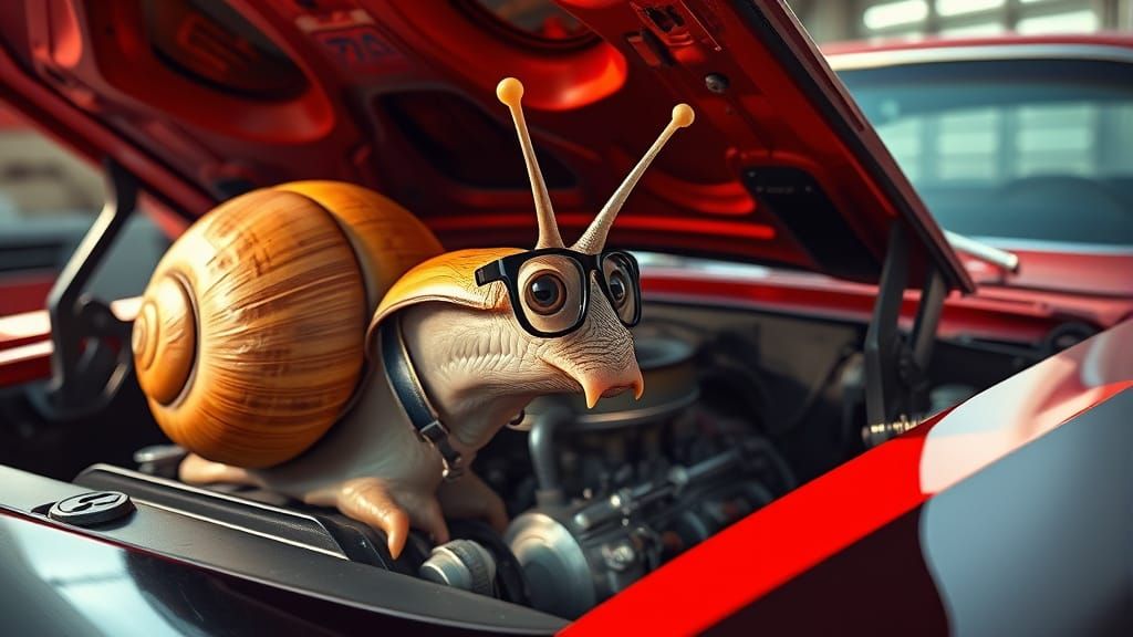 Snail Mechanic Inspecting a Camaro Engine