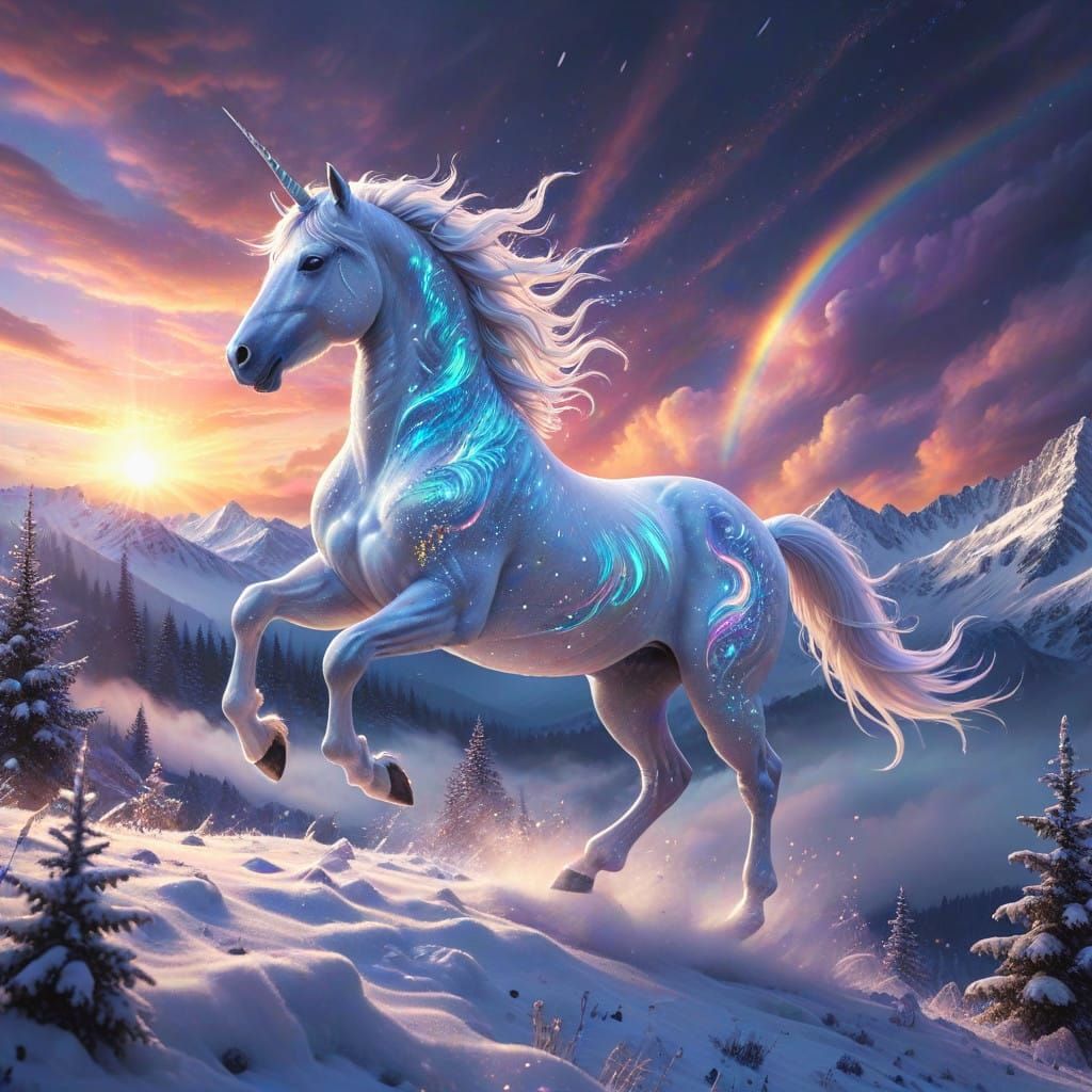 Ethereal Opal Unicorn Gallops Across Snowy Hillside at Dusk