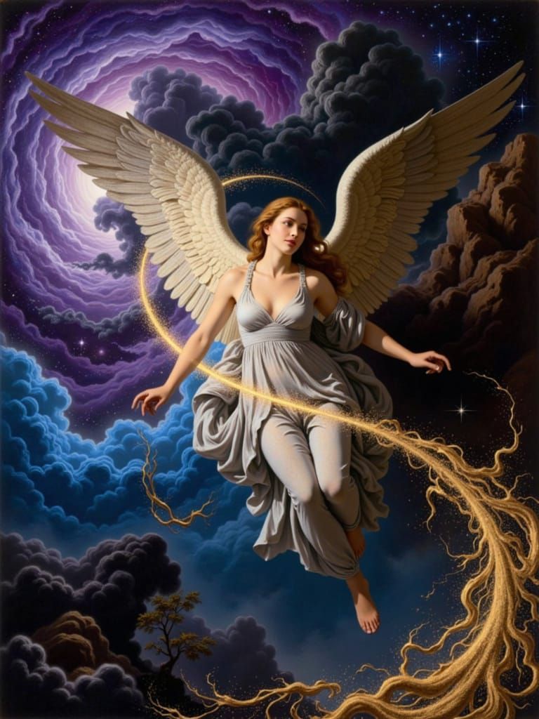 Angel Descends Through Cosmic Vortex in Chiaroscuro Style