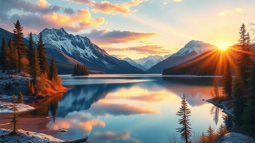 Majestic Alaskan Lake at Sunset in Watercolor