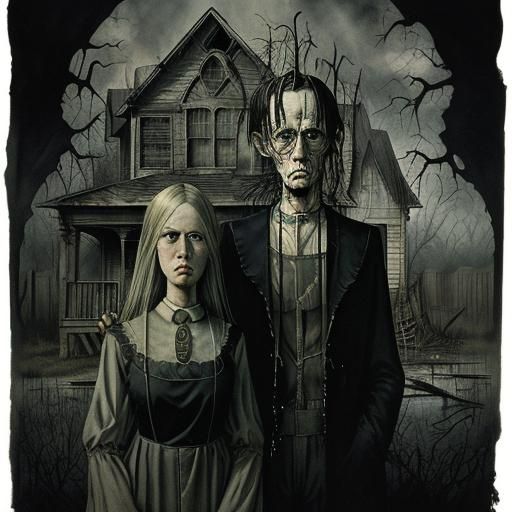 Creepy American Gothic Horror Scene in Watercolor