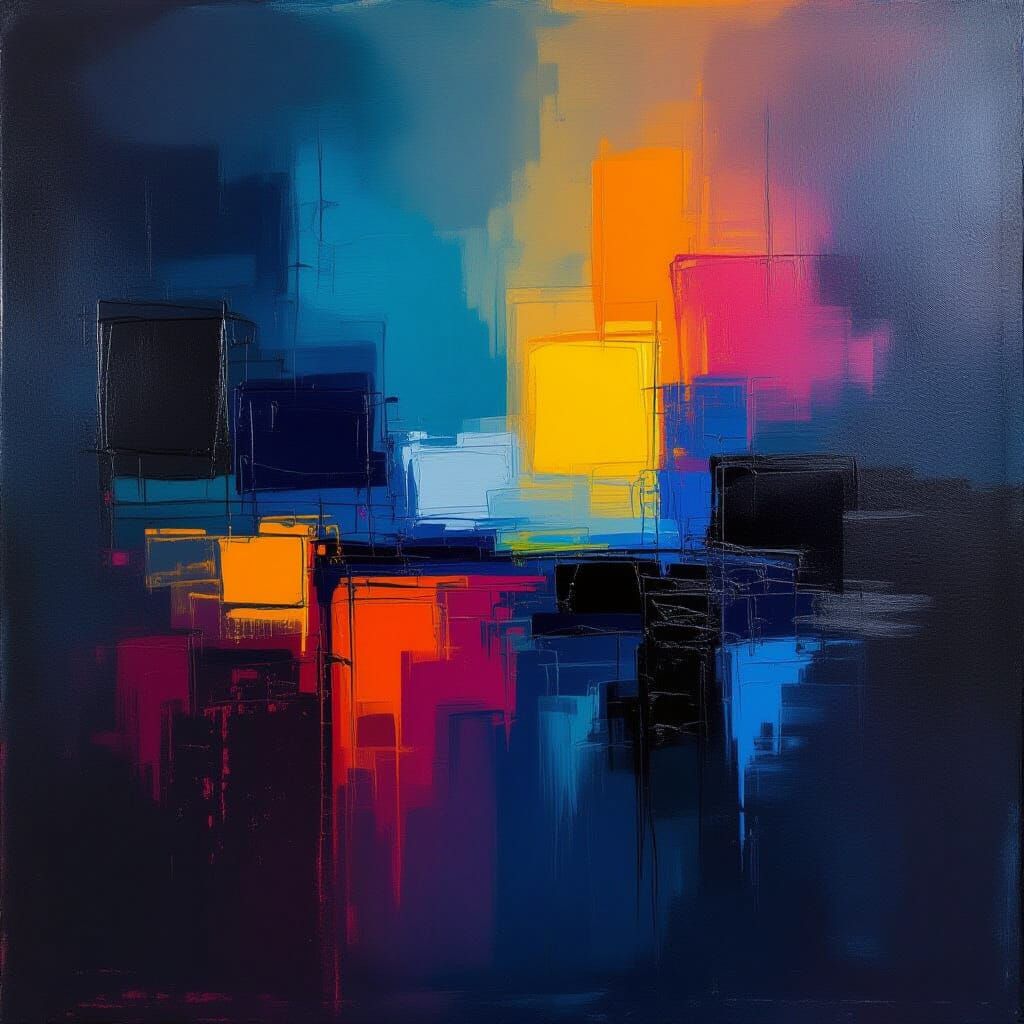 Moody Abstract Expressionist Oil Painting with Vibrant Accen...