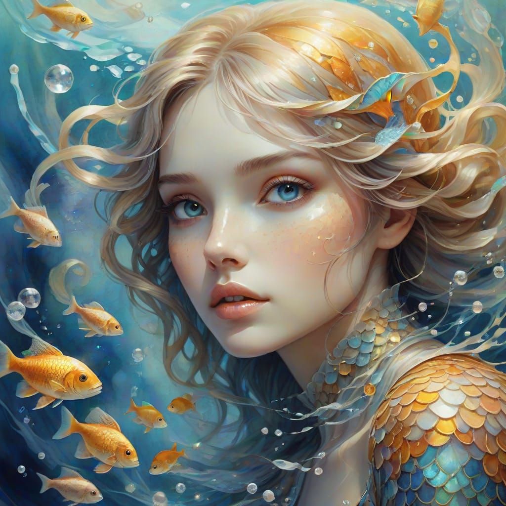 Whimsical Watercolour Girl Amidst Iridescent Sea Creatures