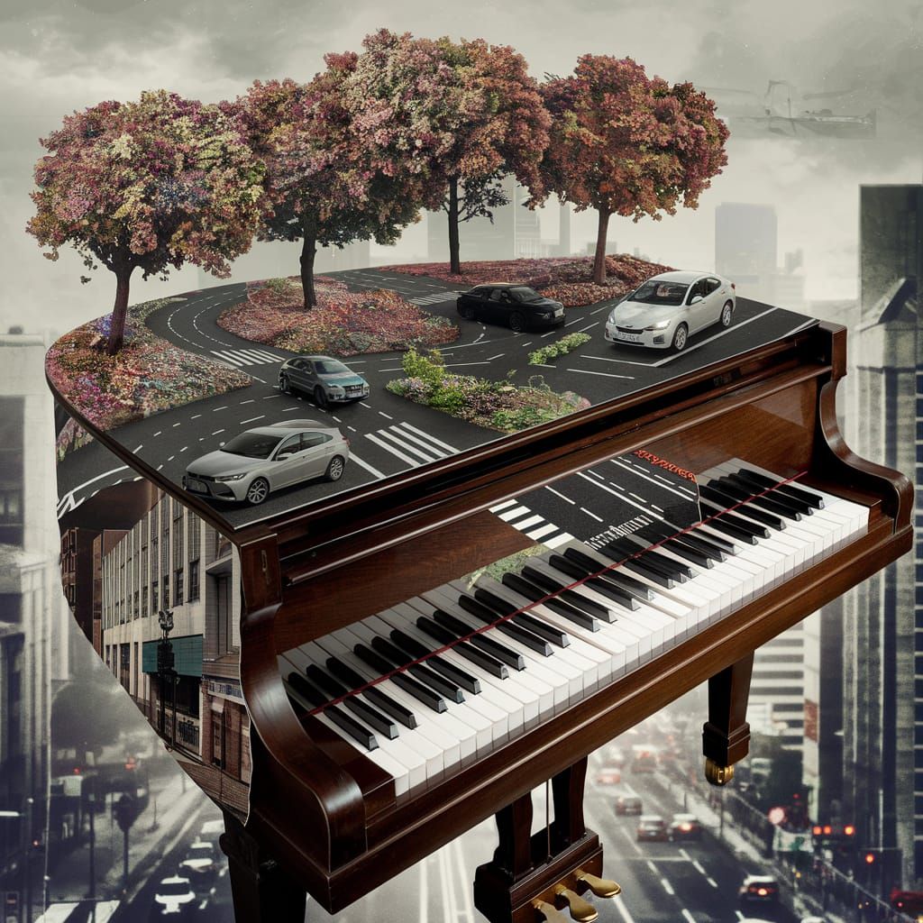 Surreal Piano Cityscape with Streets, Cars, and Trees