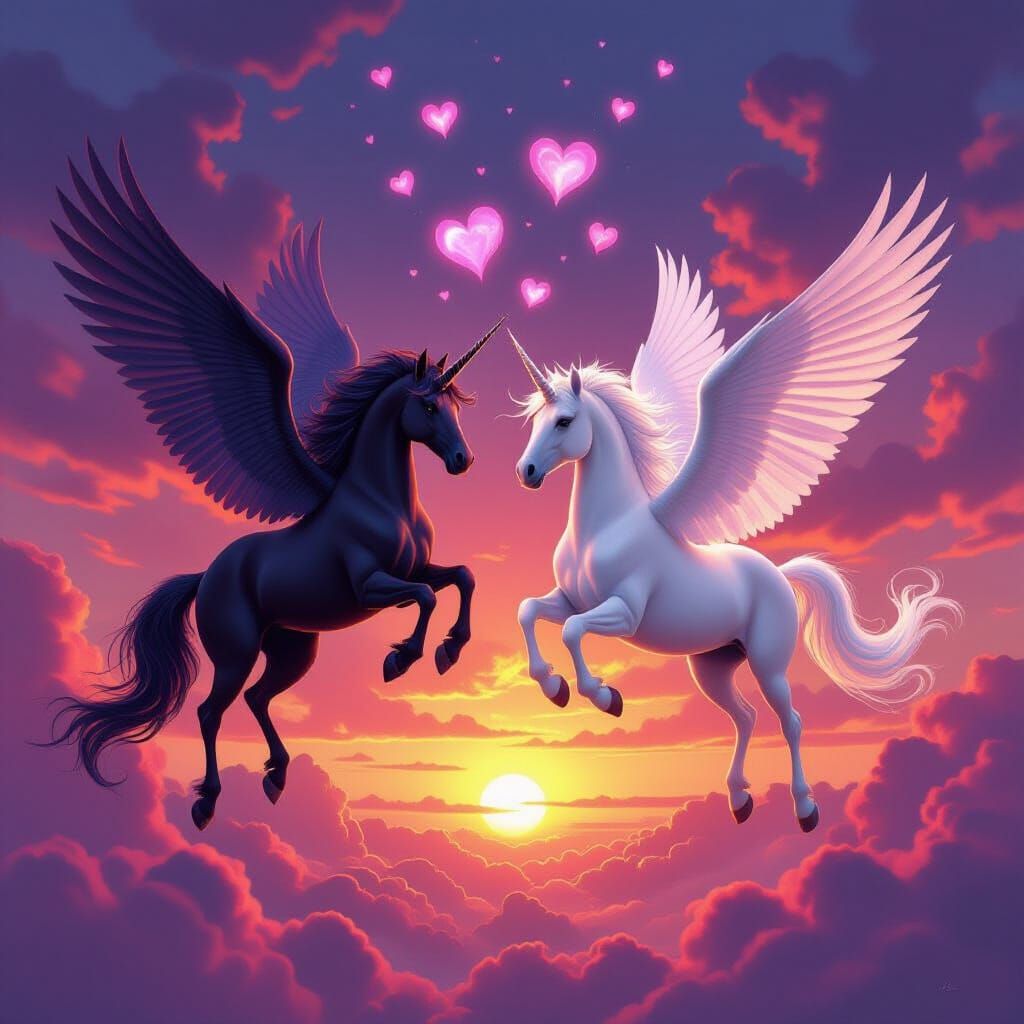 Two Unicorns Soar Through Fiery Sunset With Hearts