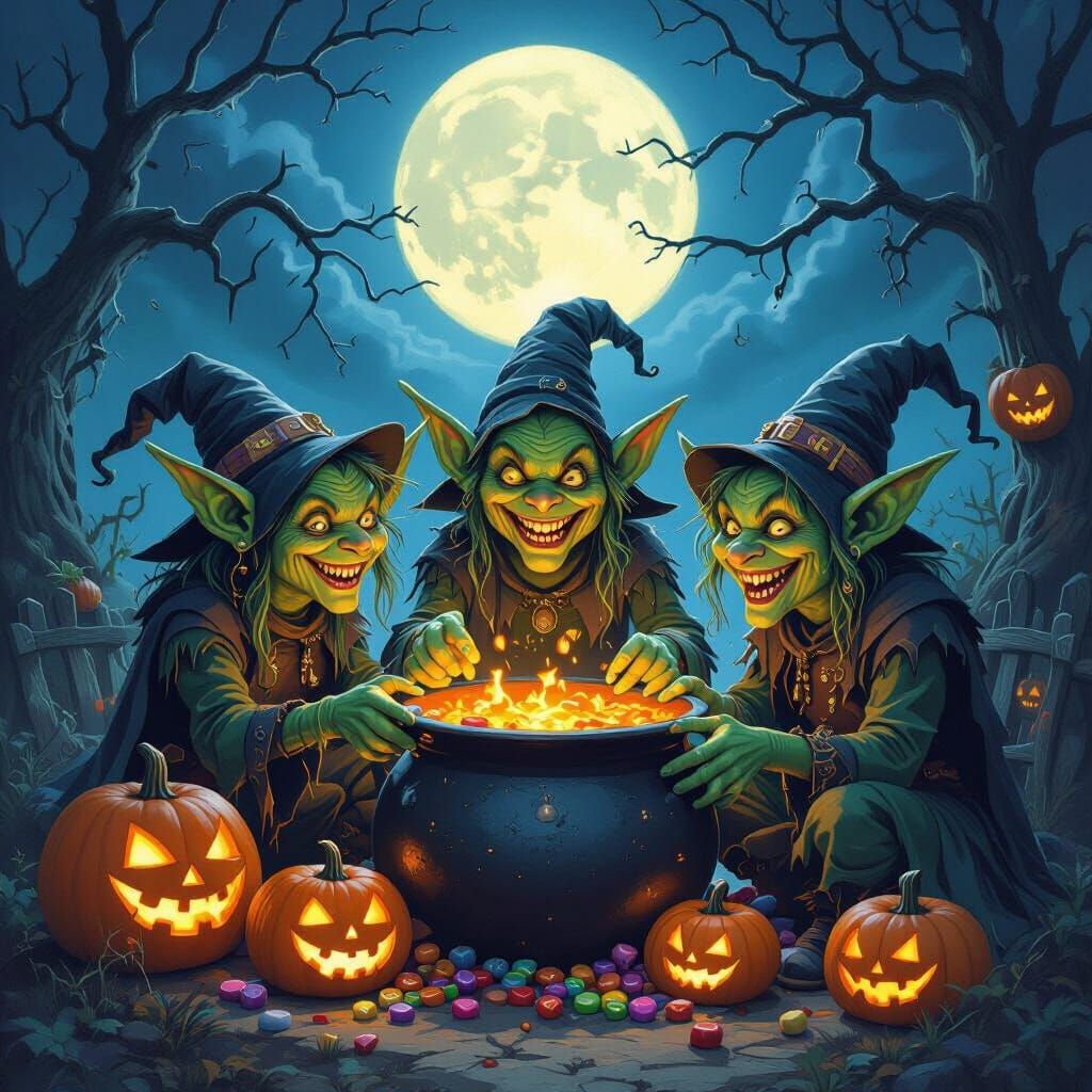 Grotesque Goblins Celebrate Halloween Around a Cauldron