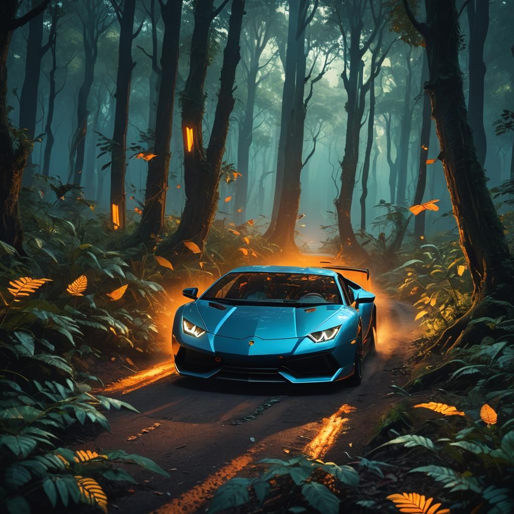 Lamborghini in Mystical Forest: Digital Concept Art