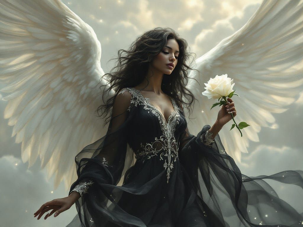 Angel in Dark Elegance Holds Pure White Rose