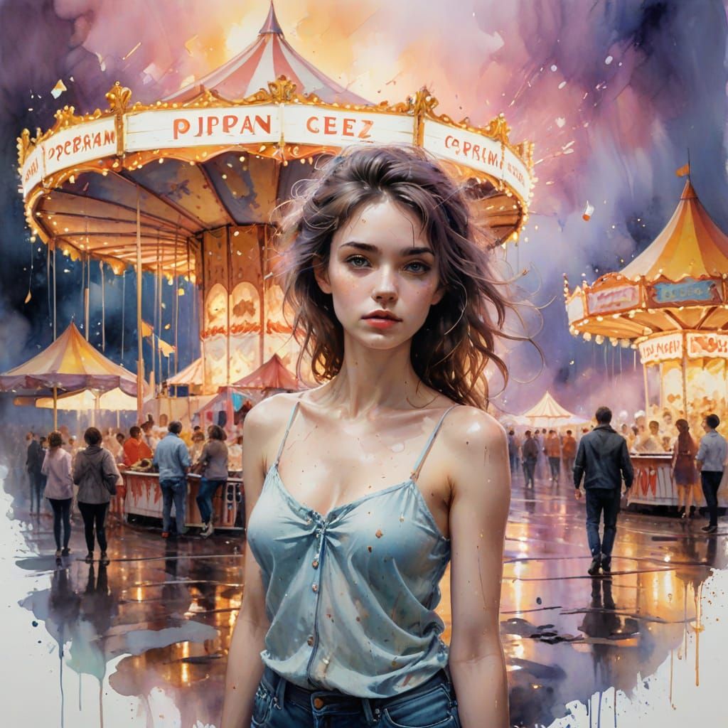 Surreal Deserted Carnival Landscape in Dreamy Watercolour