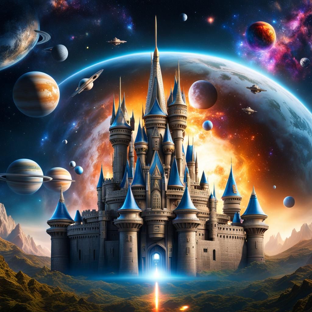 Medieval Castle on Floating Space Shuttle in Space