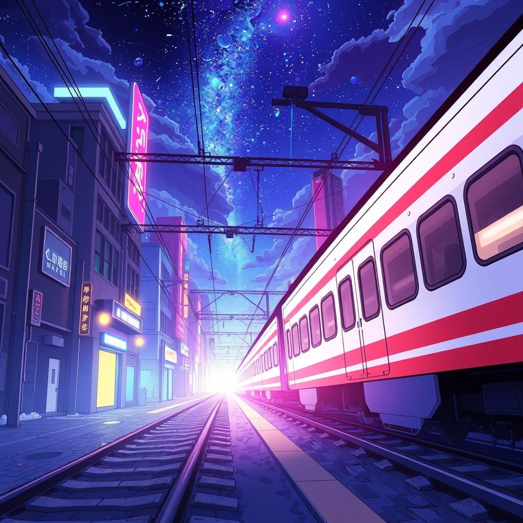 Surreal Anime Landscape with Train Tracks and Townscape