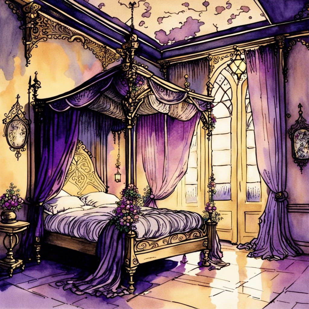 Fairytale Bedroom with Gold Bed in Arthur Rackham Style