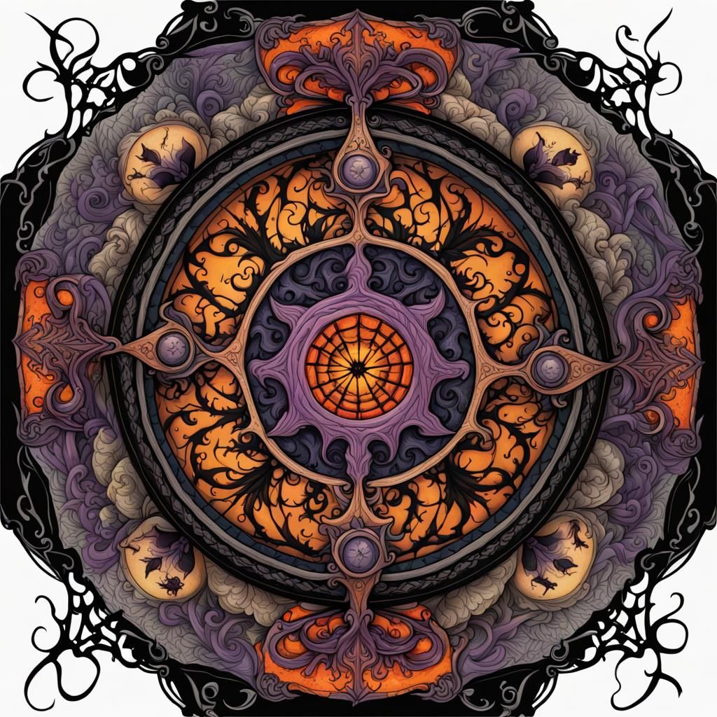 Gothic Halloween Mandala with Witch in Ornate Border