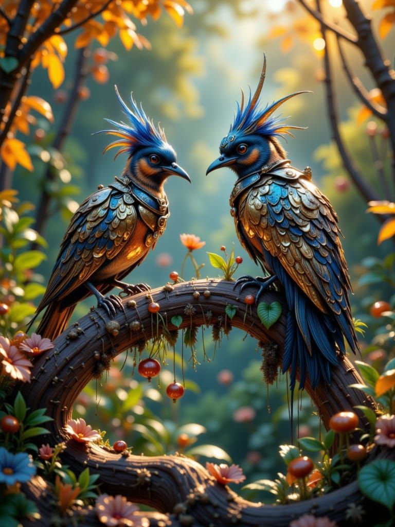 Steampunk Birds Plan Seed Defense on Branch