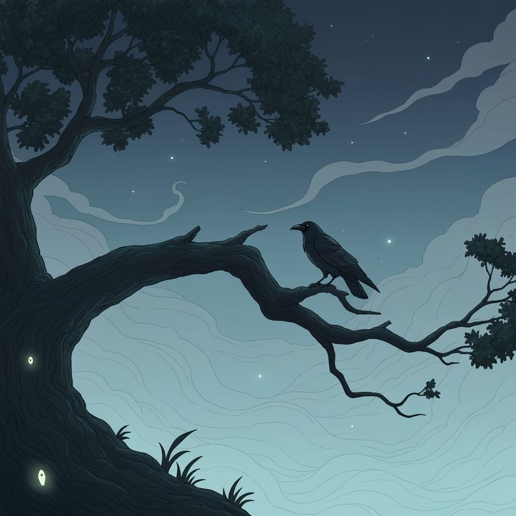 Mysterious Raven on Ancient Branch in Twilight Mist