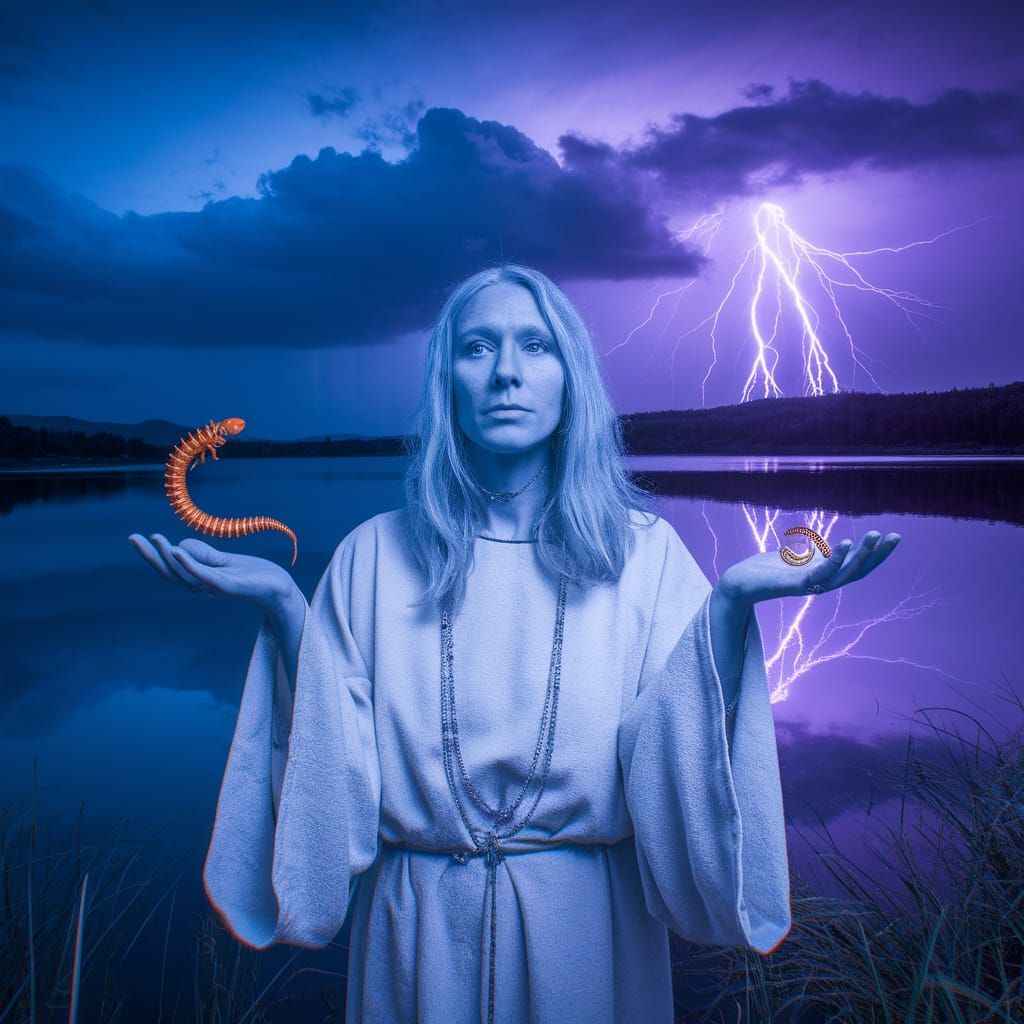 Wise Woman with Serpent and Centipede Under Lightning Sky