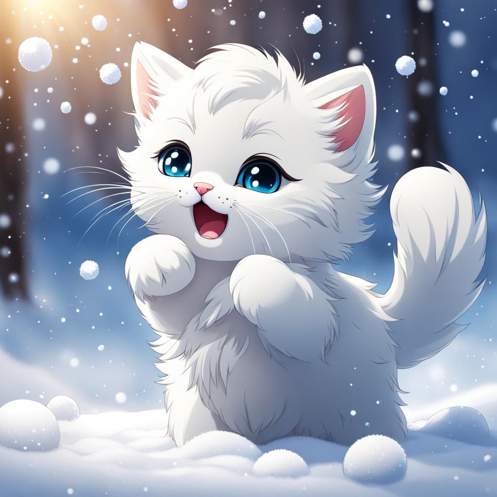 Cute Kitten Playing with Snowflakes in Anime Style
