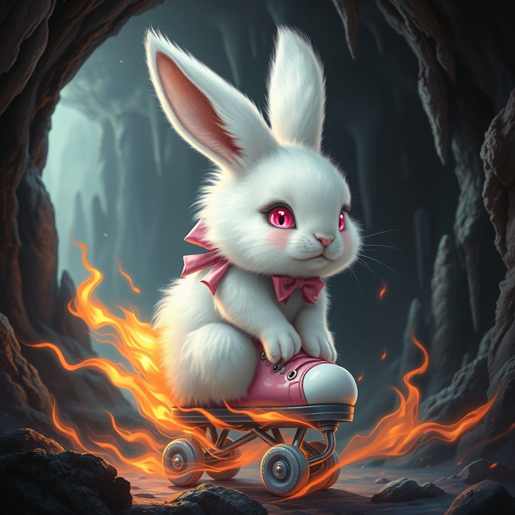 A fluffy white bunny with pink eyes is sitting on flaming roller skates. The bunny is wearing a pink bow around its neck...