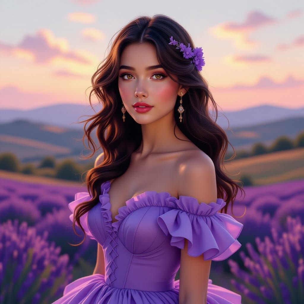 Whimsical Woman with Lavender in Art Nouveau Style