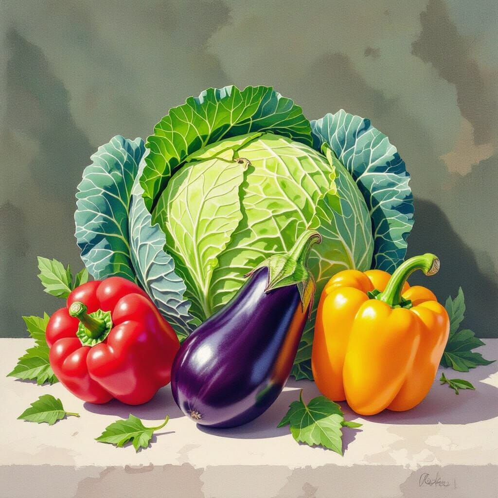 Watercolor Still Life: Cabbage, Eggplant, and Peppers