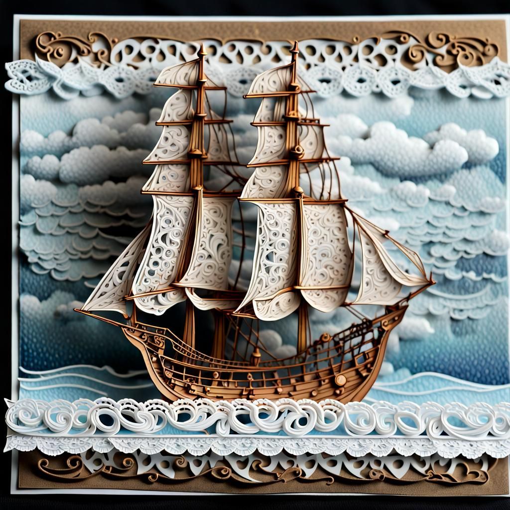 Sailing Ship in Stormy Sea: Cutout Card Art
