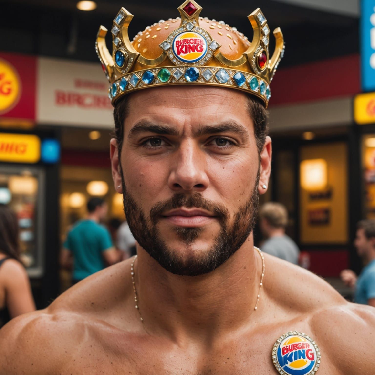 Muscular Burger King Mascot in Bejeweled Crown Portrait