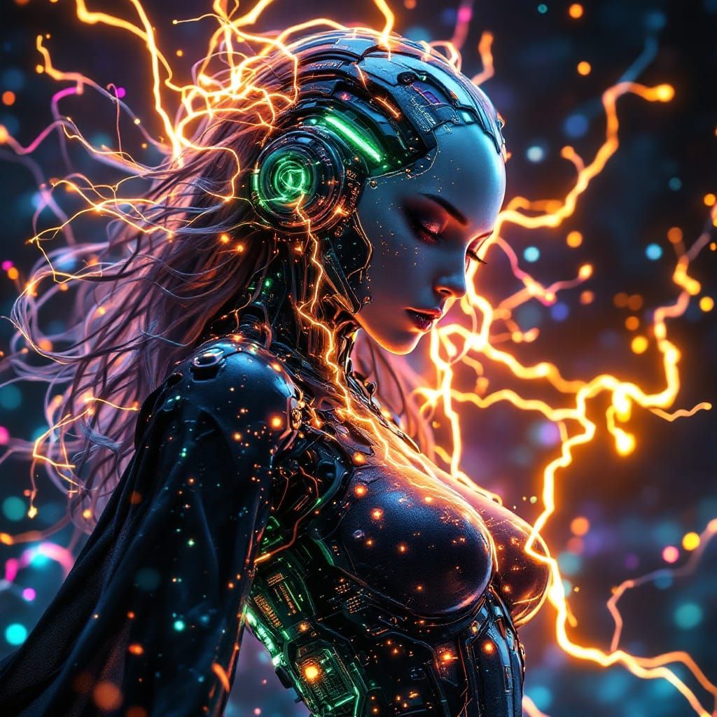 Mystical Cybernetic Witch with Neon Circuitry