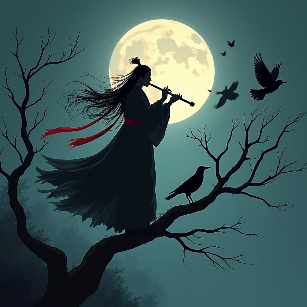 Mystical Flute Player in Dark Fantasy Anime Style