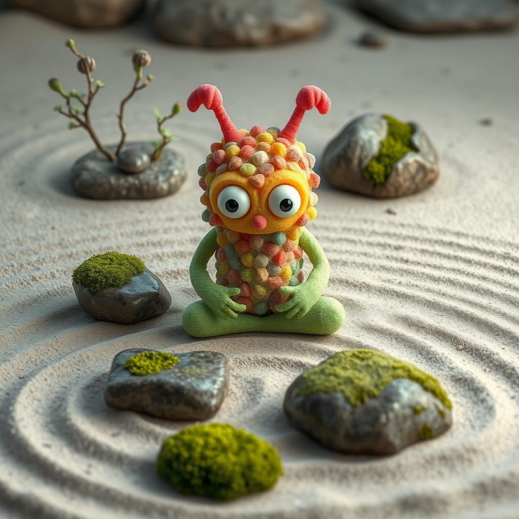Candy Monster Meditating in Zen Garden: Digital Illustration