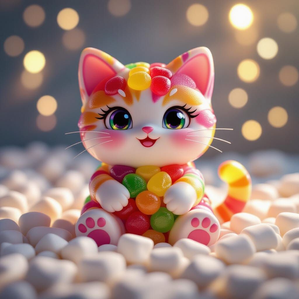 Adorable Gummy Candy Cat on Marshmallows