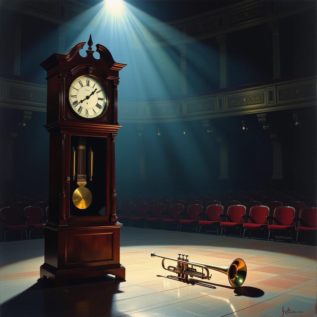 Antique Clock & Trumpet in Empty Theatre Oil Painting